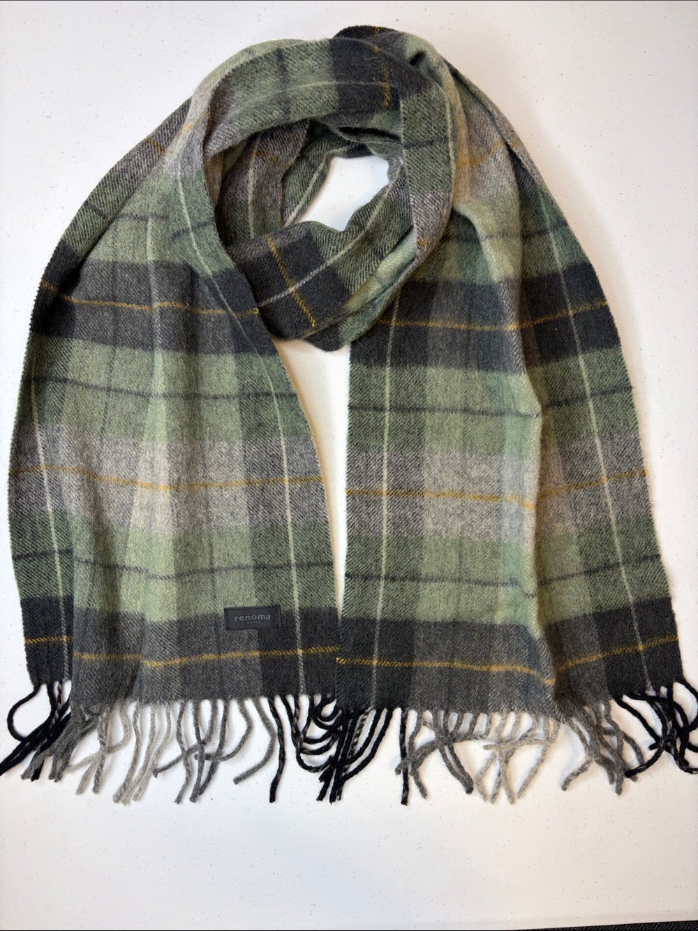 Renoma Paris Vintage Tartan Plaid Scarf Fringe Green Grey Excellent Condition